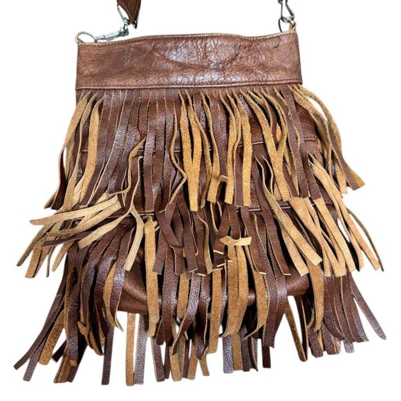 Vintage Brown Leather Fringe Crossbody Bag Made In Mexico Braided Strap Boho - Picture 4 of 7